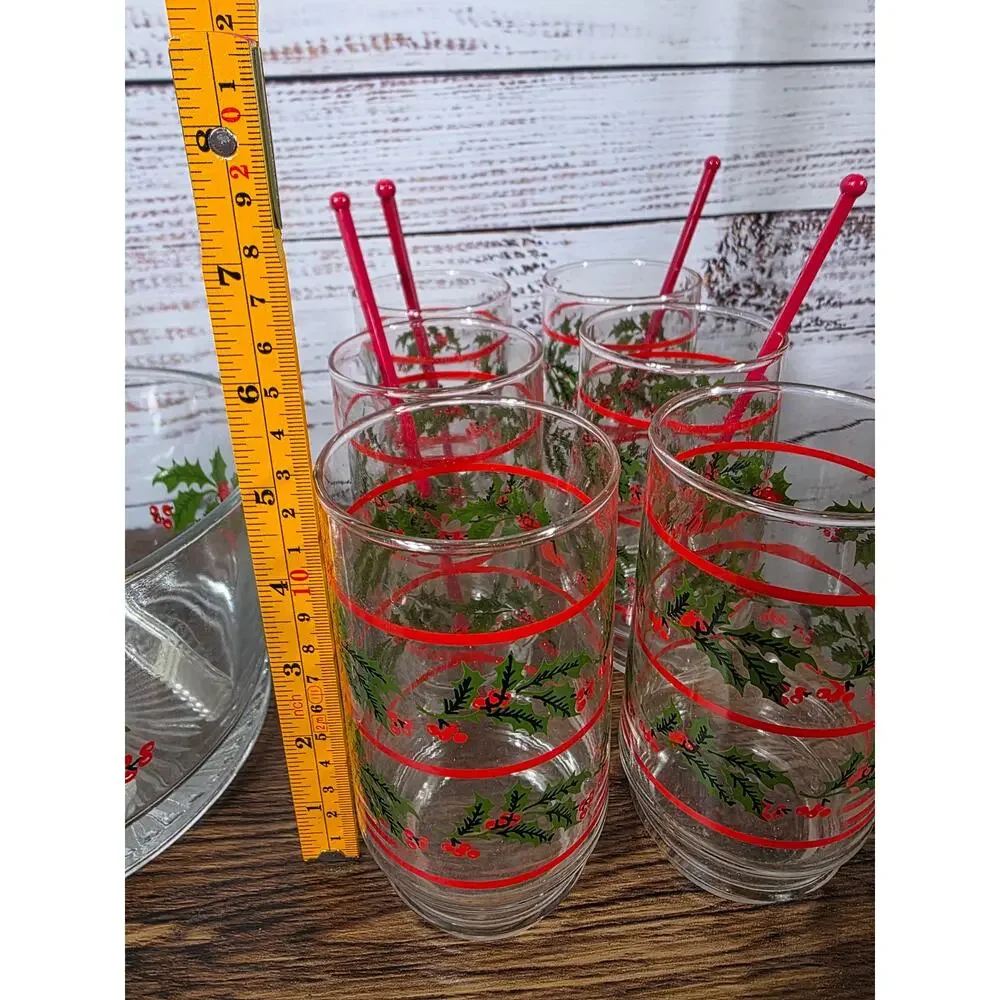Vintage Indiana Glass Christmas Holly Hostess Set Ice Bucket Glasses READ